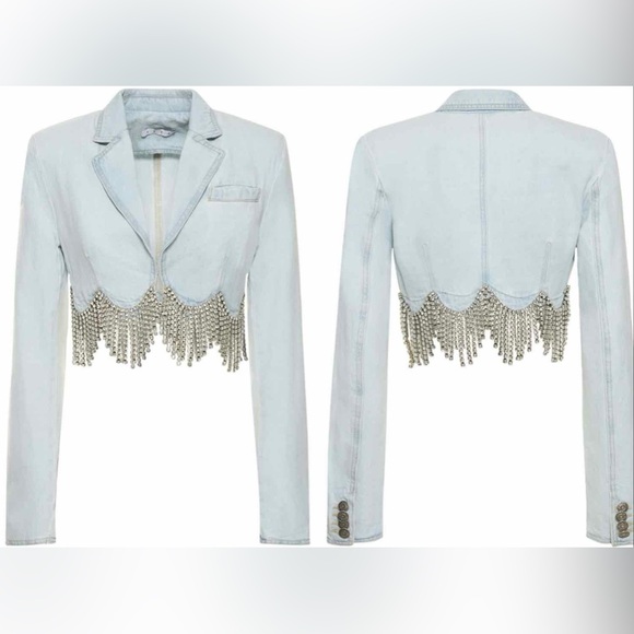 ⚡️⚡️AREA Scalloped Embellished Cropped Denim Jacket in Pale Blue, Size 4,NWT - Picture 5 of 17